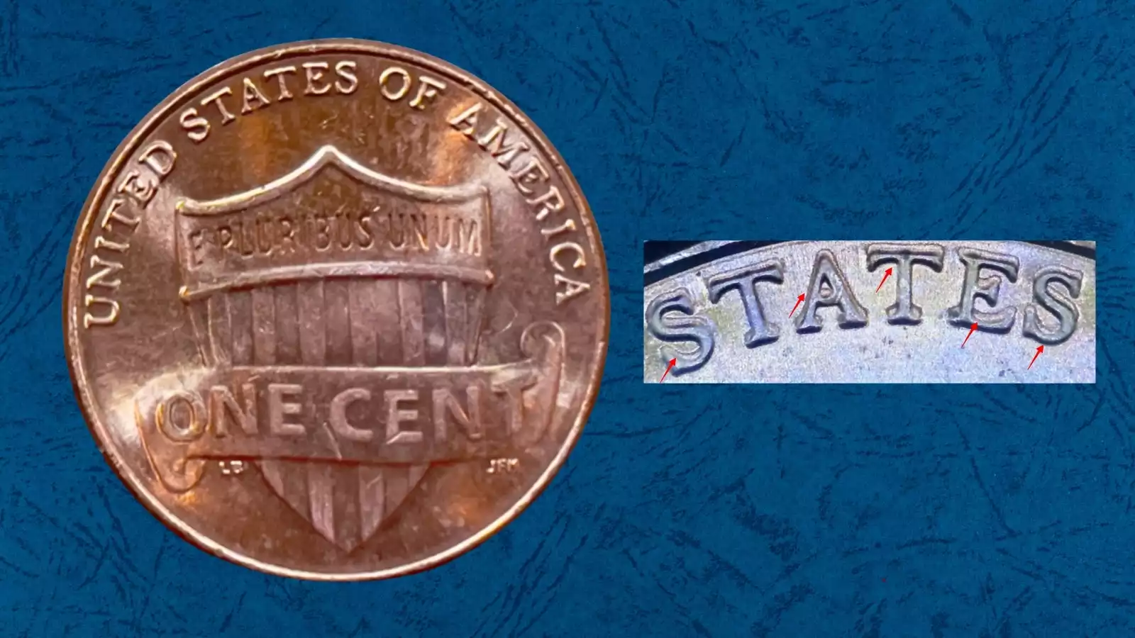 2020 penny Doubled Die Reverse showing doubling on ONE CENT lettering and shield lines
