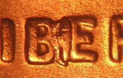 2020 penny BIE error showing raised vertical line between B and E in LIBERTY word