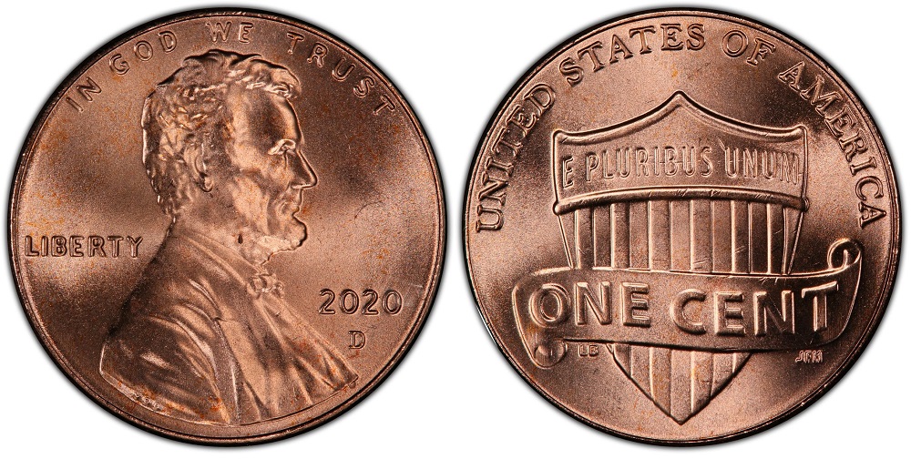 Grading strip showing 2020 Lincoln penny in four conditions: worn, about uncirculated, uncirculated MS63, and gem MS67 Red